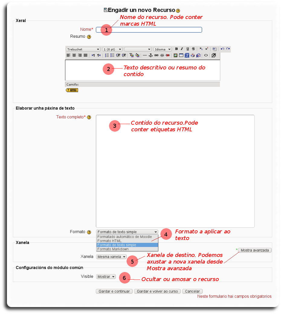 Configuración da Páxina de texto