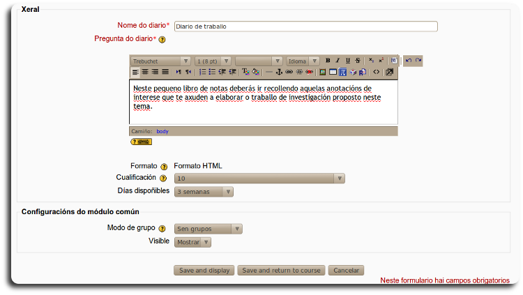 Diario, formulario de configuración