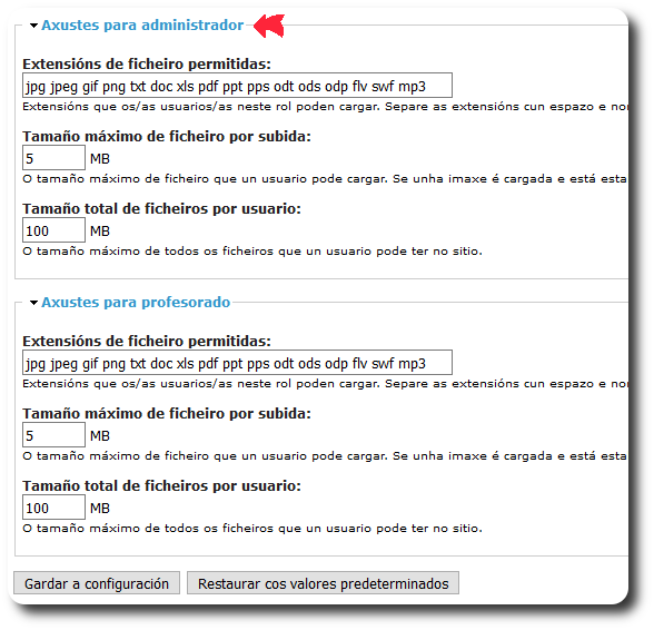 Axustes específicos dos arquivos por rol