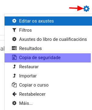 Menú de administración do curso no tema Boost