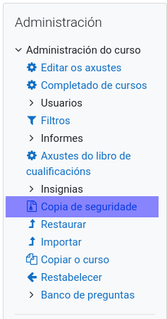 Menú de administración do curso no tema Classic